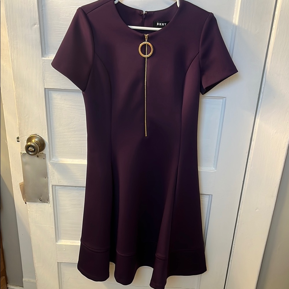 DKNY Purple A-Line Mini Dress Crew Neck Short Sleeve
